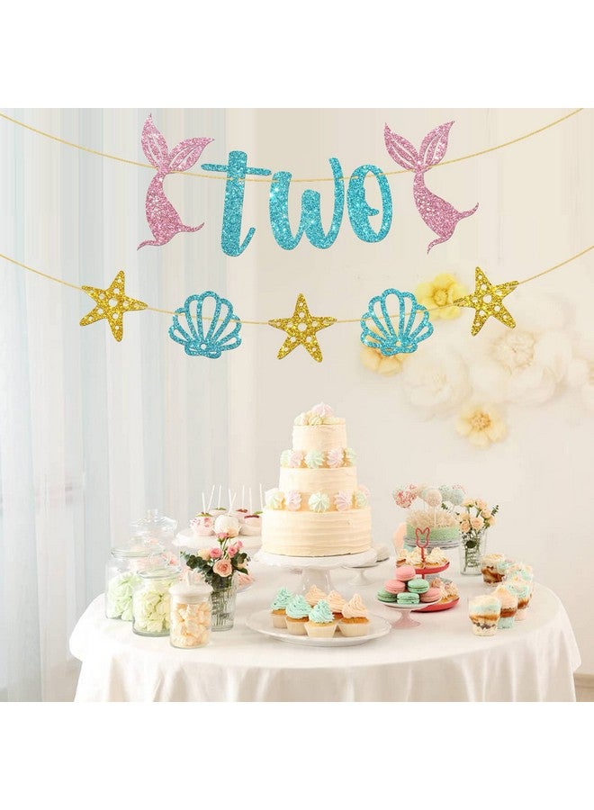 WeBenison Mermaid Two Birthday Banner/Girl's 2nd Birthday Banner Bunting/Ocean Second Two Sign/Under The Sea Mermaid 2nd Anniversary Party Decorations/Blue Pink Gold Glitter - Image 4