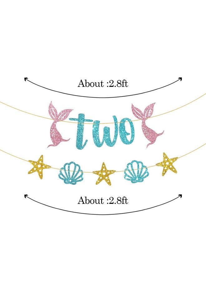 WeBenison Mermaid Two Birthday Banner/Girl's 2nd Birthday Banner Bunting/Ocean Second Two Sign/Under The Sea Mermaid 2nd Anniversary Party Decorations/Blue Pink Gold Glitter - Image 2