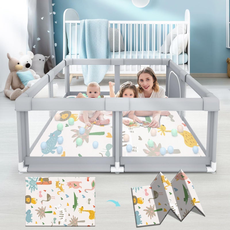 Fshibila Baby Playpen with Mat, Baby Playpens for Babies and Toddlers, BabyFence Play Pen for Indoor & Outdoor, Sturdy Safety Play Yard with Soft Breathable Mesh, 50 * 50 * 27 inches Grey - Image 1
