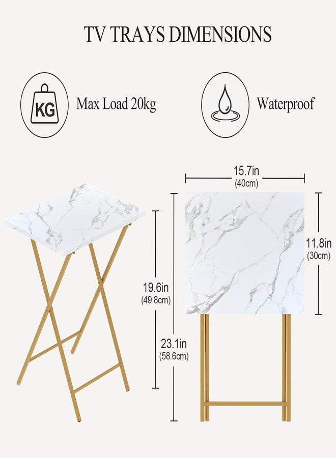 Adompacat Folding TV Tray Table Set of 2, Portable Foldable TV Dinner Tray, Space-Saving Snack Serving Sofa Side Table, Easy to Fold Stable TV Trays for Living Room, Bedroom, Small Spaces (White Marble + Gold) - Image 3
