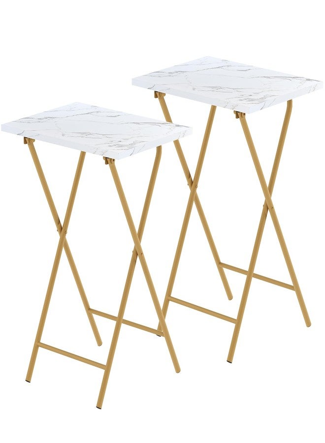 Adompacat Folding TV Tray Table Set of 2, Portable Foldable TV Dinner Tray, Space-Saving Snack Serving Sofa Side Table, Easy to Fold Stable TV Trays for Living Room, Bedroom, Small Spaces (White Marble + Gold) - Image 1