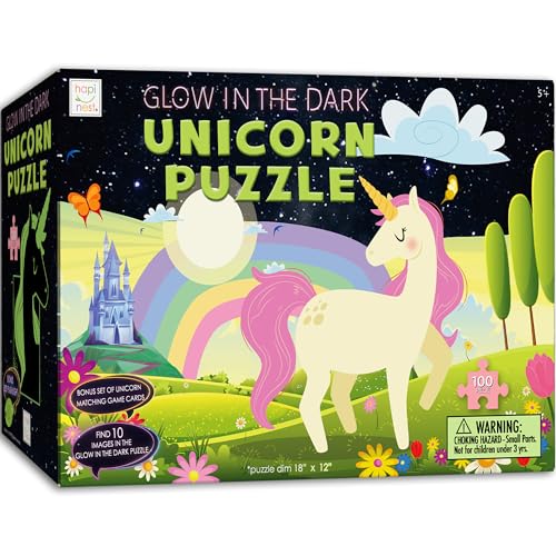 Hapinest 100 Piece Unicorn Puzzle GlowinTheDark Puzzle for Kids Girls Boys Birthday Gift wBonus Memory Matching Cards LED Flashlight Jigsaw Puzzles for Kids Ages 5 68 1012 Years Old and Up - Image 1
