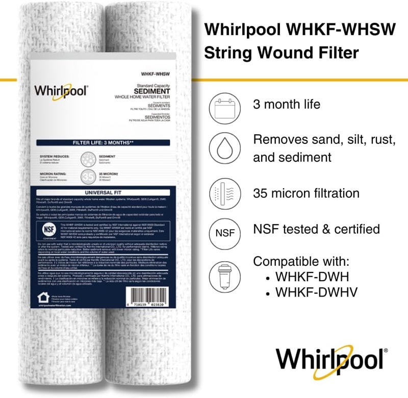 Whirlpool 35-Micron 10" x 2.5" String Wound Whole House Water Filters, NSF Certified Filtration Reduces Sediment for Well Water, WHKF-WHSW, 2-Pack - Image 1