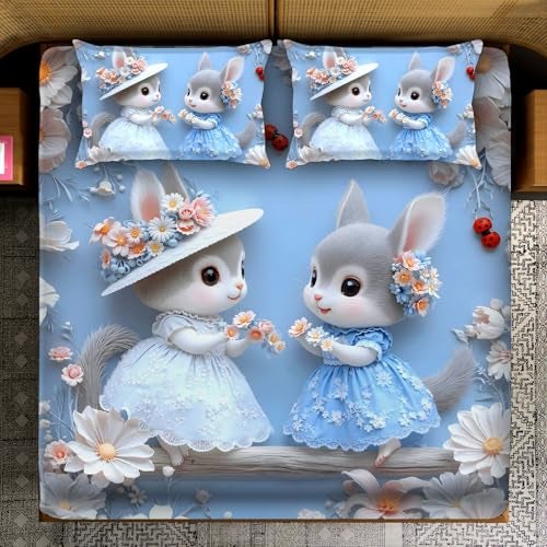 BhaiJi BedSheet 300 TC King Size Glace Cotton Double Bed HD Digital Printed Bed Sheets for Double Bed with 2 Pillow Covers || Large 108x108 Inch Without Joints - Adorable Rabbits Bunnies - Image 1
