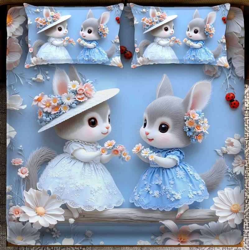 BhaiJi BedSheet 300 TC King Size Glace Cotton Double Bed HD Digital Printed Bed Sheets for Double Bed with 2 Pillow Covers || Large 108x108 Inch Without Joints - Adorable Rabbits Bunnies - Image 4