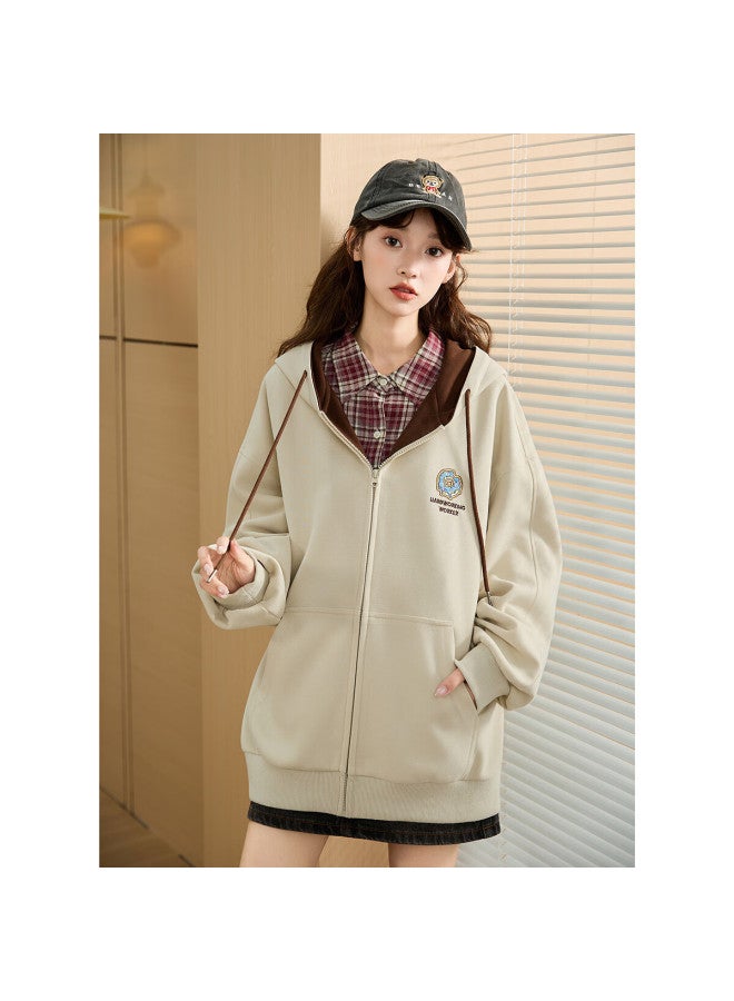 Tonlion  Autumn Women's Color-block Hooded Front Detail Cropped Knit Cardigan