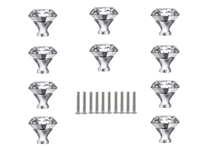 JP Hardware Clear Glass Crystal Shape Cabinet knobs Pack of 10 Polished Finish Round Chrome 30mm Diamond Chrome 30mm