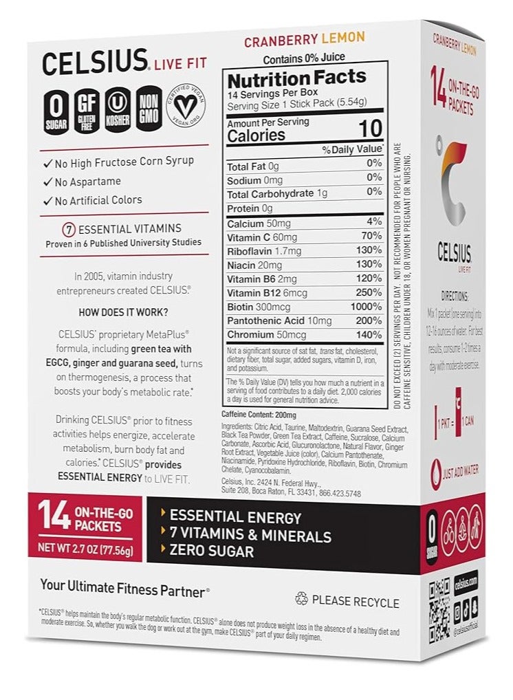 CELSIUS On-the-Go Powder Packets Cranberry Lemon, Essential Energy 2.6oz ( 73.36g) - Image 2