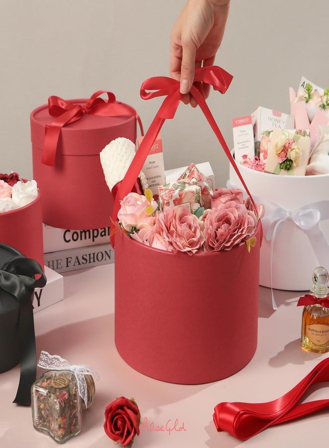ROSEGLD مجموعة علب هدايا دائرية من روز إيغلد مع أغطية، 4 علب هدايا فاخرة مع شرائط، أحجام متنوعة، علب هدايا متداخلة لتنسيقات الزهور، حفلات الزفاف، الحفلات (أحمر مطفي) - Image 4