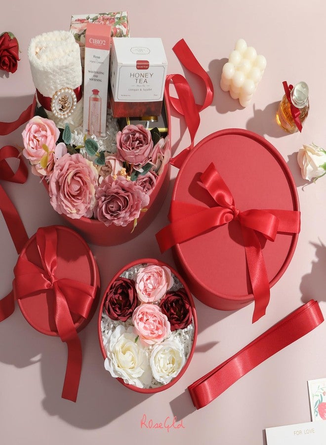 ROSEGLD مجموعة علب هدايا دائرية من روز إيغلد مع أغطية، 4 علب هدايا فاخرة مع شرائط، أحجام متنوعة، علب هدايا متداخلة لتنسيقات الزهور، حفلات الزفاف، الحفلات (أحمر مطفي) - Image 2