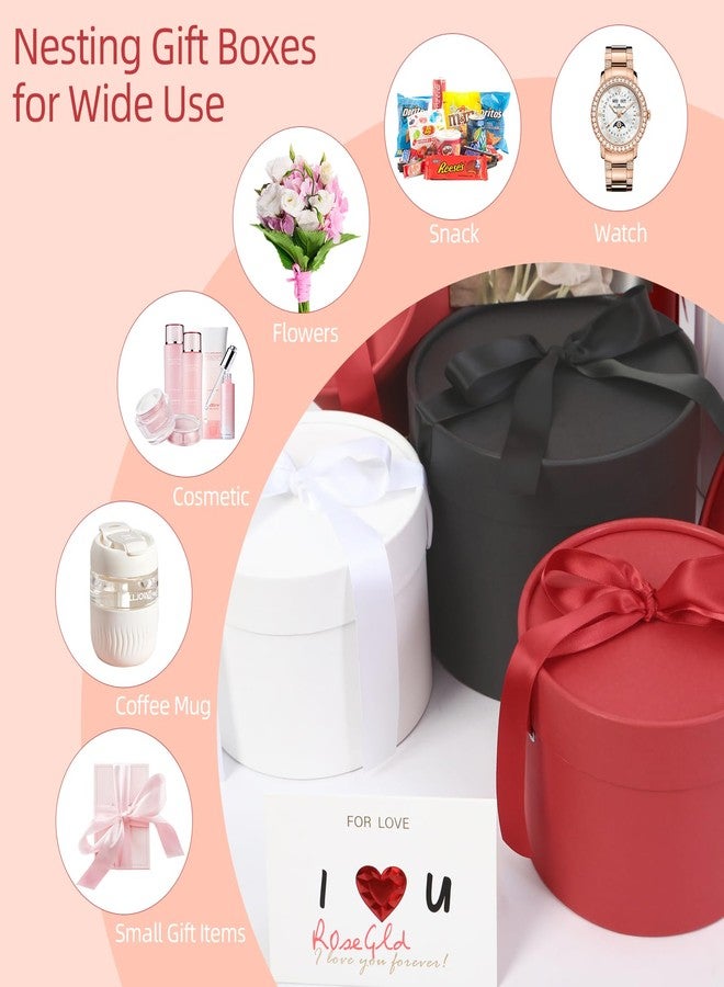 ROSEGLD مجموعة علب هدايا دائرية من روز إيغلد مع أغطية، 4 علب هدايا فاخرة مع شرائط، أحجام متنوعة، علب هدايا متداخلة لتنسيقات الزهور، حفلات الزفاف، الحفلات (أحمر مطفي) - Image 5