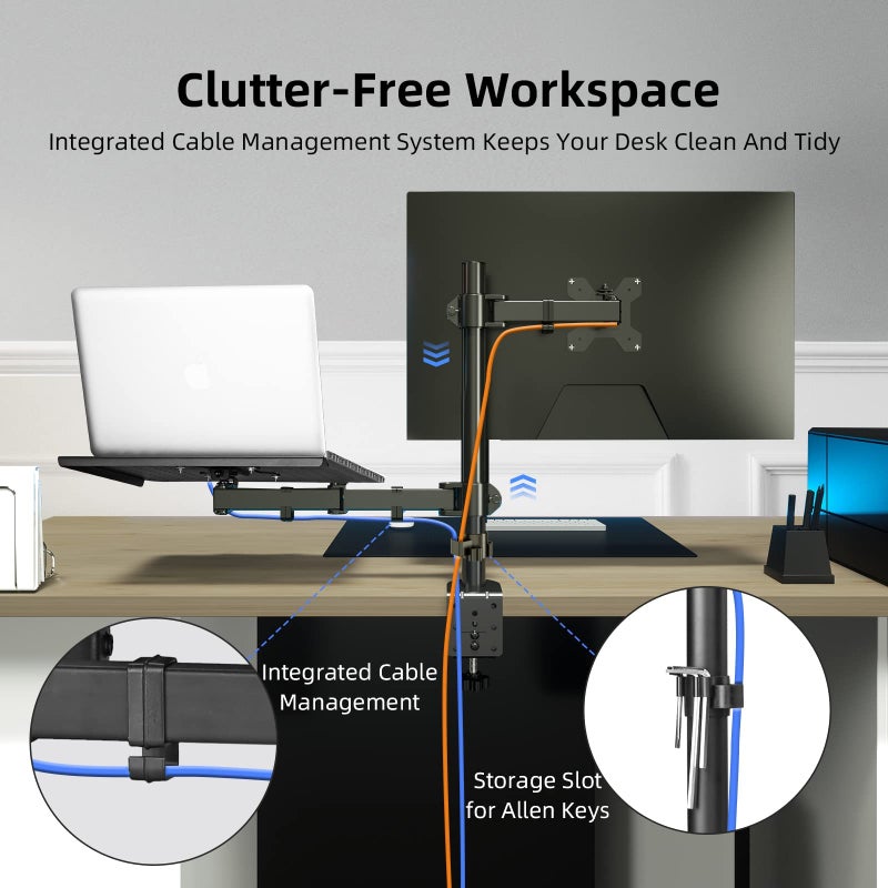 Suptek Monitor and Laptop Mount Holds 13-32 inch Computer Screen, Adjustable Monitor Arm Stand with Laptop Tray for 13-27 inch, Hold 22 lbs, with Clamp and Grommet Mounting Base - Image 2