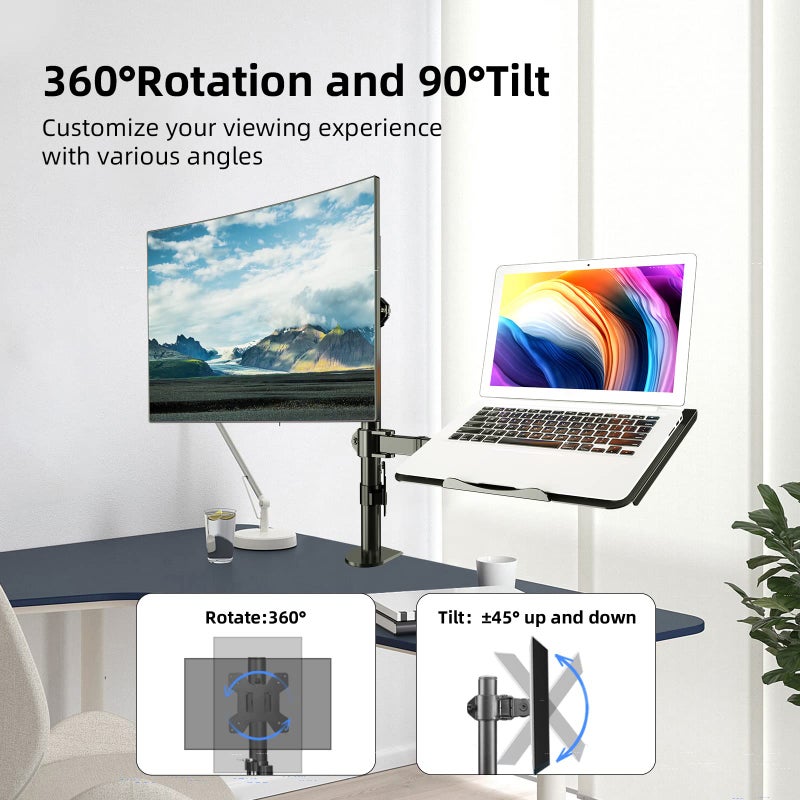 Suptek Monitor and Laptop Mount Holds 13-32 inch Computer Screen, Adjustable Monitor Arm Stand with Laptop Tray for 13-27 inch, Hold 22 lbs, with Clamp and Grommet Mounting Base - Image 4