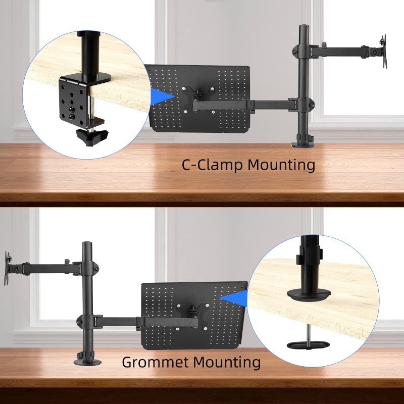 Suptek Monitor and Laptop Mount Holds 13-32 inch Computer Screen, Adjustable Monitor Arm Stand with Laptop Tray for 13-27 inch, Hold 22 lbs, with Clamp and Grommet Mounting Base - Image 3