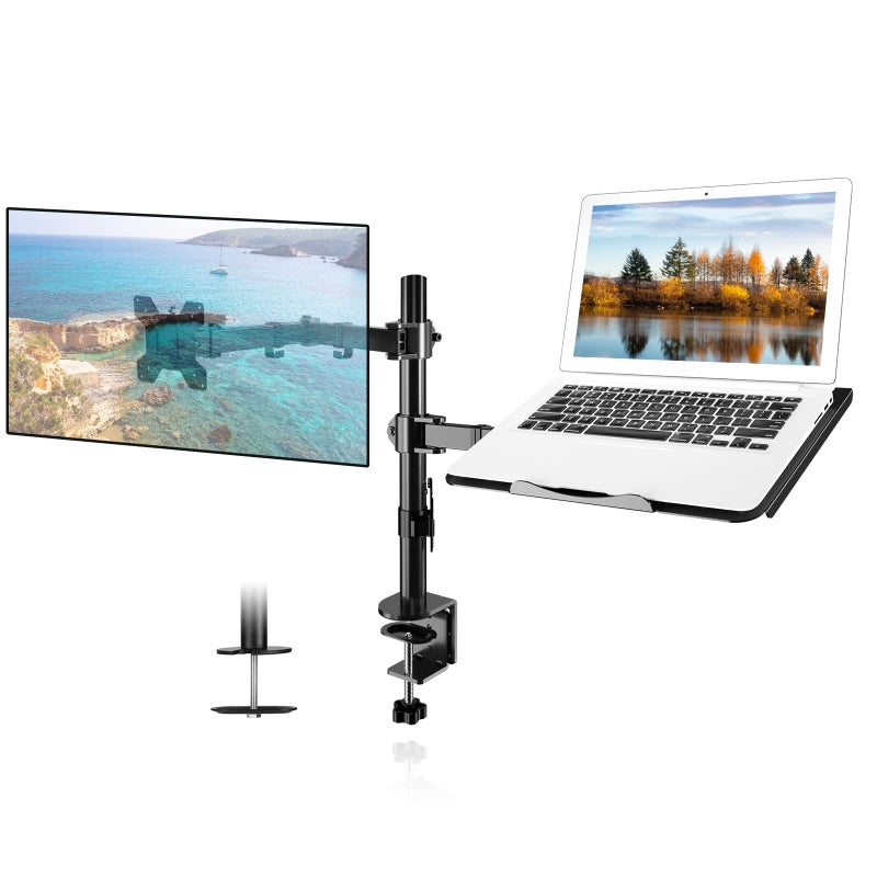 Suptek Monitor and Laptop Mount Holds 13-32 inch Computer Screen, Adjustable Monitor Arm Stand with Laptop Tray for 13-27 inch, Hold 22 lbs, with Clamp and Grommet Mounting Base - Image 1