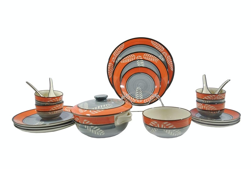 Caffeine Ceramic Handmade Ancient Orange Leaf Dinner Set (19 pcs Microwave Safe & Dishwasher Safe) - Image 1