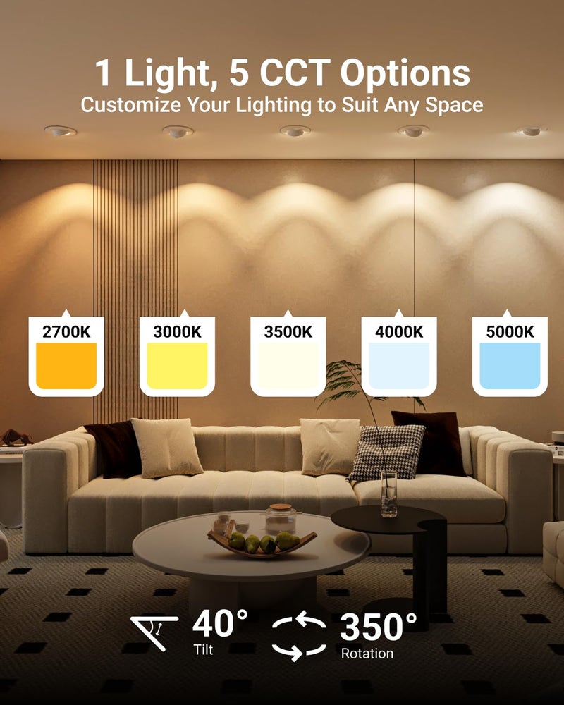Sunco Lighting Sunco 6 Pack LED Can Lights Eyeball Retrofit Gimbal 5/6 Inch Recessed Lights, 12W=60W, 5 Colors (2700K/3000K/3500K/4000K/5000K), 800 LM, Directional Angled Trim Adjustable Ceiling Downlight, UL - Image 5
