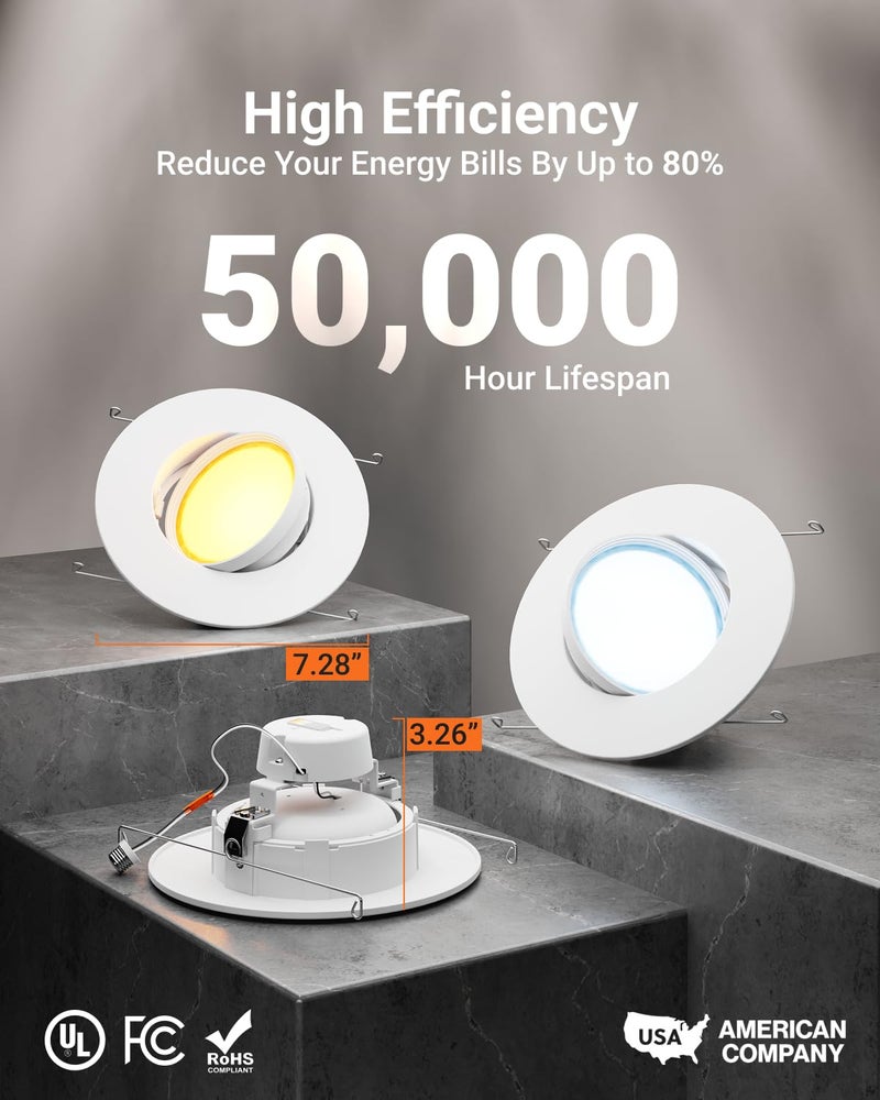 Sunco Lighting Sunco 6 Pack LED Can Lights Eyeball Retrofit Gimbal 5/6 Inch Recessed Lights, 12W=60W, 5 Colors (2700K/3000K/3500K/4000K/5000K), 800 LM, Directional Angled Trim Adjustable Ceiling Downlight, UL - Image 4