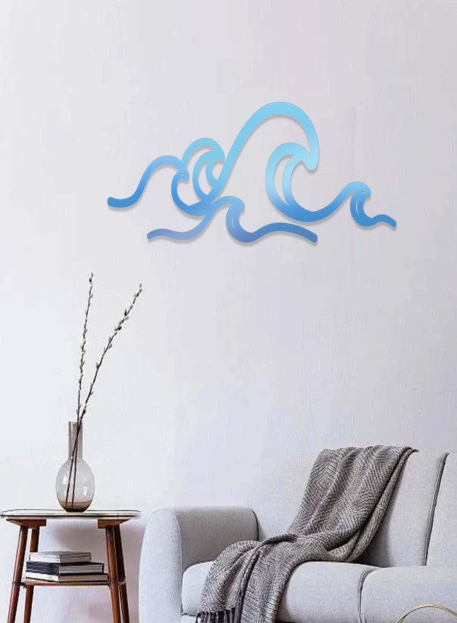 Bnesi Blue Metal Wire Wave Coastal Sea Beach Wall Decor Bathroom Wall Art Ocean Themed Hanging for Home Living Room Surf Board Decor for Bedroom Bathroom Wall (Wave, Medium) - Image 2