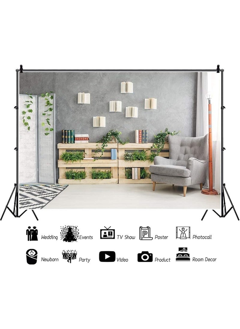 YongFoto - YongFoto 8x65ft Interior Room Backdrop for Photography Wooden Bookshelf Green Plants Screen Armchair Grey Lounge Background Modern Home Banner Decor Live Video Portrait Photo Studio Props - Image 1