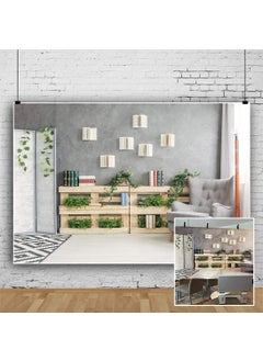 YongFoto 8x65ft Interior Room Backdrop for Photography Wooden Bookshelf Green Plants Screen Armchair Grey Lounge Background Modern Home Banner Decor Live Video Portrait Photo Studio Props