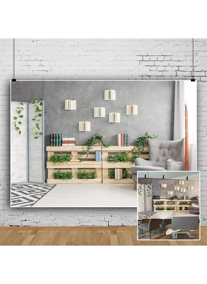 YongFoto - YongFoto 8x65ft Interior Room Backdrop for Photography Wooden Bookshelf Green Plants Screen Armchair Grey Lounge Background Modern Home Banner Decor Live Video Portrait Photo Studio Props - Image 1