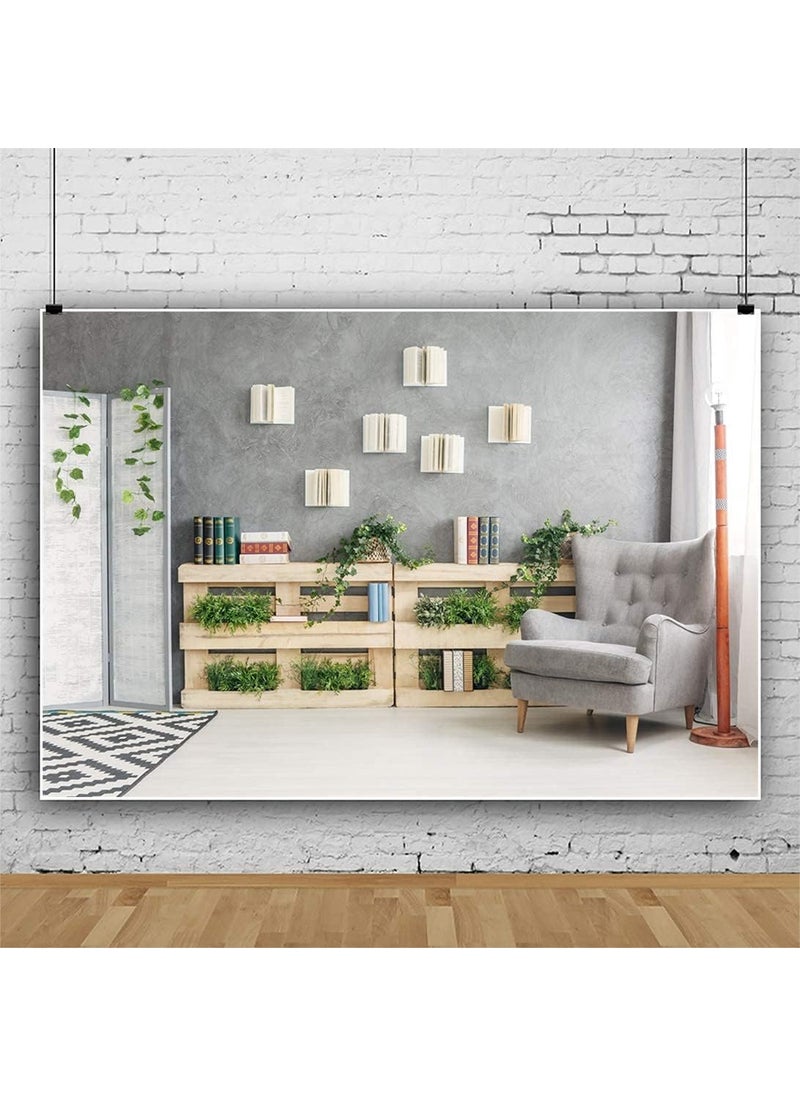 YongFoto - YongFoto 8x65ft Interior Room Backdrop for Photography Wooden Bookshelf Green Plants Screen Armchair Grey Lounge Background Modern Home Banner Decor Live Video Portrait Photo Studio Props - Image 1