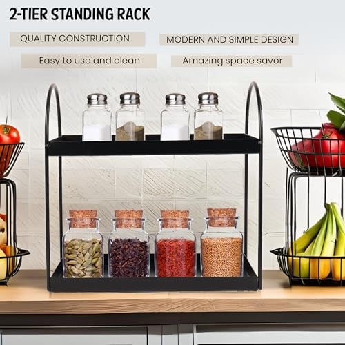 Niyara Iron Metal Heavy Duty Stand 2-Tier multistorage/Multipurpose Standing Rack, Bathroom Countertop Storage Shelf Cosmetic Organizer Holder Kitchen Spice Rack, (Round Black) - Image 2