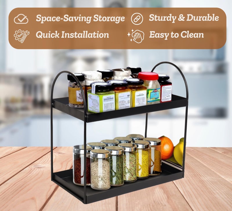 Niyara Iron Metal Heavy Duty Stand 2-Tier multistorage/Multipurpose Standing Rack, Bathroom Countertop Storage Shelf Cosmetic Organizer Holder Kitchen Spice Rack, (Round Black) - Image 3
