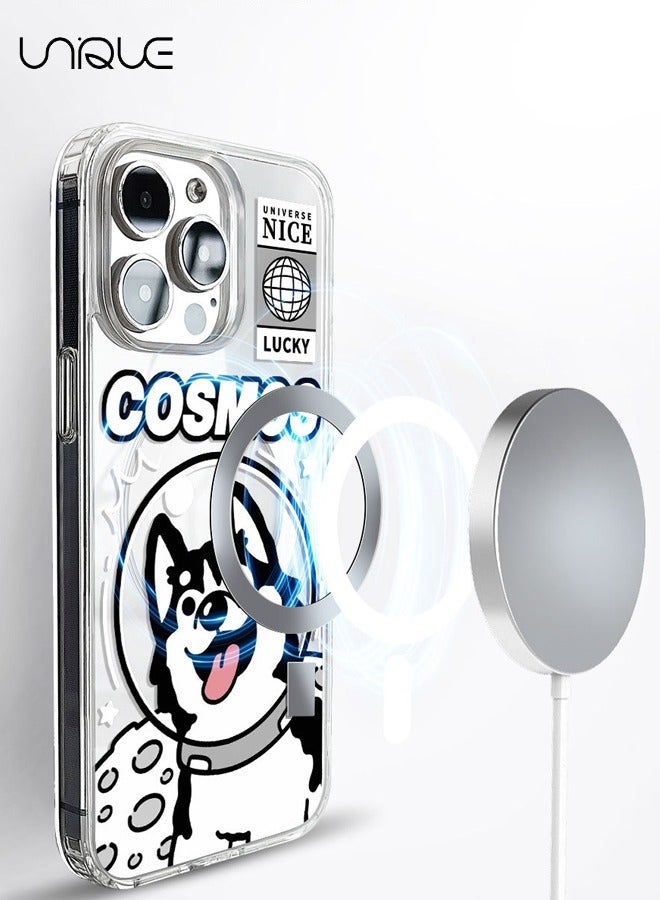 Unique Compatible with iPhone 15 Pro Max Case, MagSafe Compatible Case, Black & White Moon Graffiti Case, Astronaut Husky Pattern Case, TPU Drop Protection - Clear - Image 3
