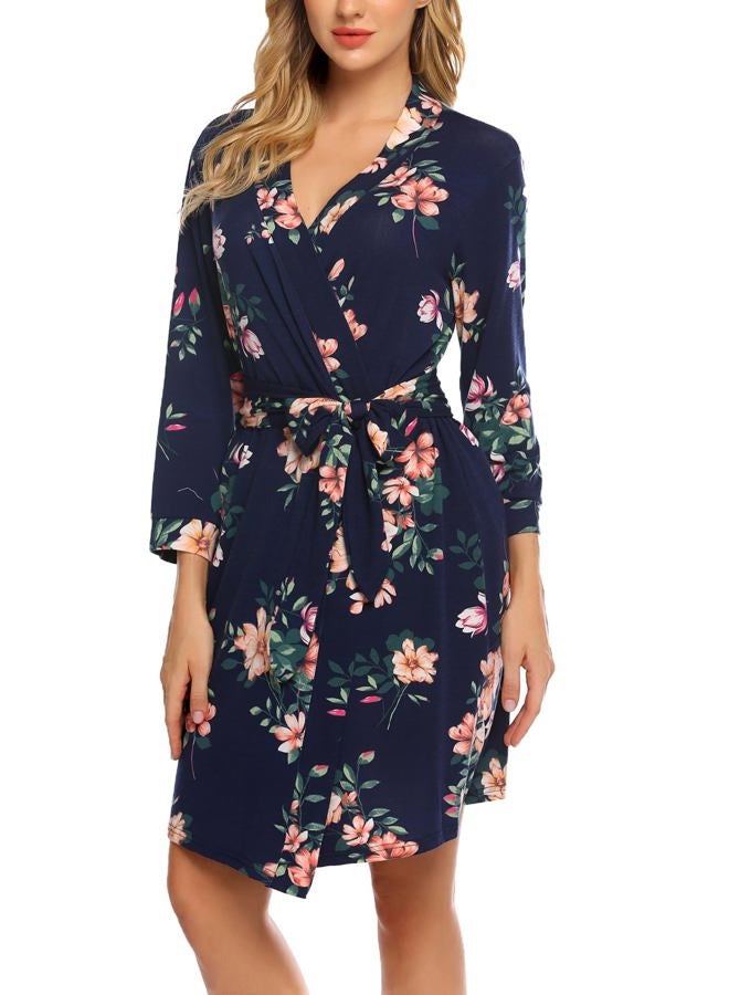 HOTOUCH Womens Bath Robes Lightweight Short Soft Robe Floral Print Knit Maternity Robes Cotton Sleepwear Navy Floral L - Image 3