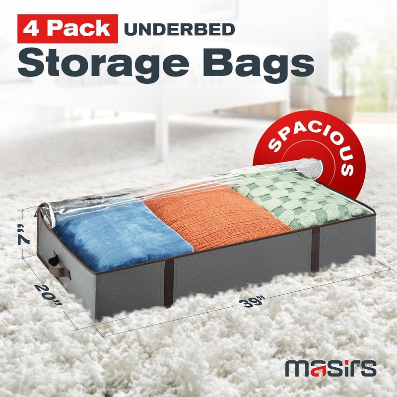 Masirs Underbed Storage Bags 4Pack  Foldable Under Bed Storage Organizer for Clothes Bedroom Blankets Comforter Pillows Linen Sheets Towels Sweaters Shoe Drawers Ideal College Dorm Storage Grey - Image 2