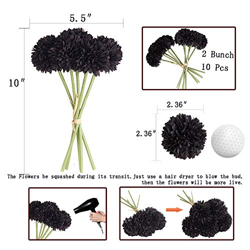 Louiesya Halloween Decoration Artificial Flowers, 10Pcs Fake Flowers Silk Artificial Chrysanthemum Ball Hydrangea Bridal Wedding Bouquet for Home Garden Party Wedding Decor (Black, 10 Pcs) - Image 2