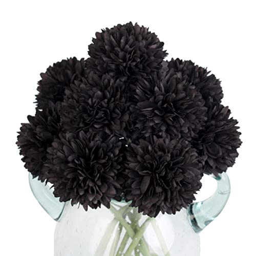Louiesya Halloween Decoration Artificial Flowers, 10Pcs Fake Flowers Silk Artificial Chrysanthemum Ball Hydrangea Bridal Wedding Bouquet for Home Garden Party Wedding Decor (Black, 10 Pcs) - Image 1
