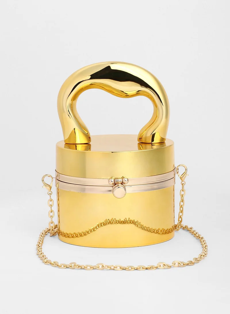 Haute Sauce Haute Sauce Women's The Caldera Gloss Bucket Bag For Casual Wear | California Gold Colour | One-Size| Push Button Closure | Acrylic Material | Non-Detachable Handle | Bags For Woman & Girls
