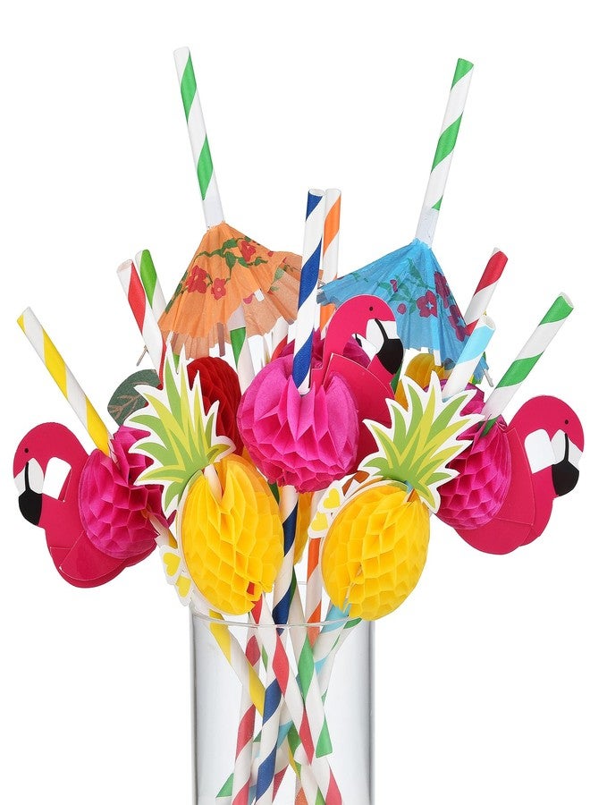 Haundry 100PCS Luau Party Cocktail Straws, Drink Umbrella Parasol Straw, Flamingo Fruit Paper Straws For Tropical Summer Pool Hawaiian Party Decorations - Image 1
