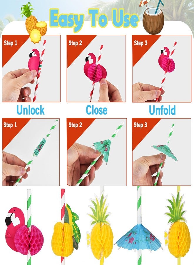 Haundry 100PCS Luau Party Cocktail Straws, Drink Umbrella Parasol Straw, Flamingo Fruit Paper Straws For Tropical Summer Pool Hawaiian Party Decorations - Image 4