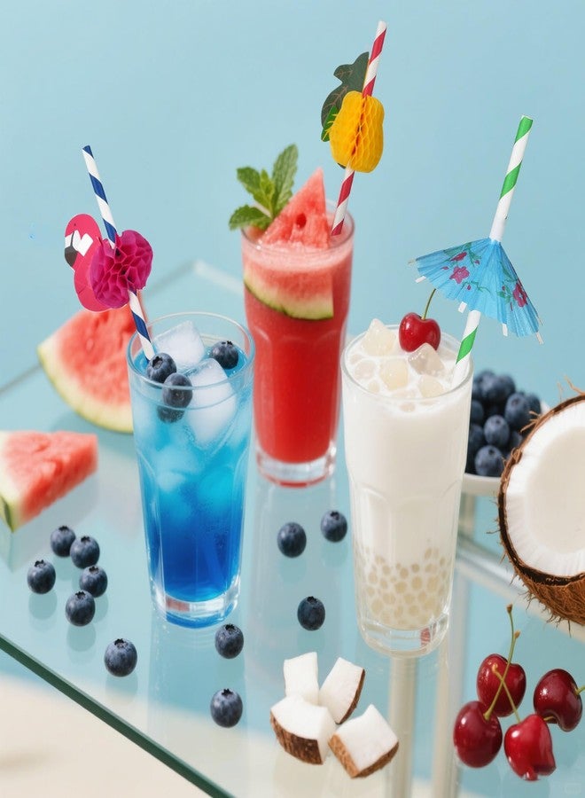 Haundry 100PCS Luau Party Cocktail Straws, Drink Umbrella Parasol Straw, Flamingo Fruit Paper Straws For Tropical Summer Pool Hawaiian Party Decorations - Image 5