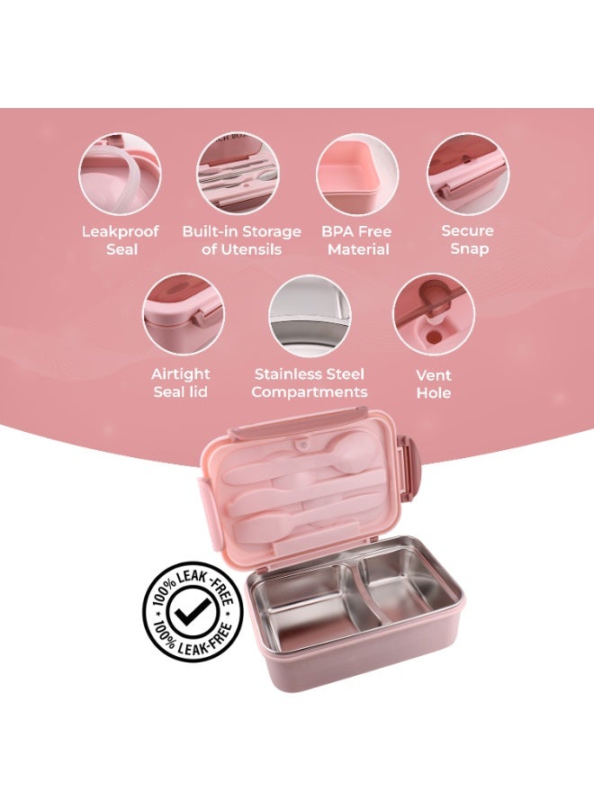 CRAVISTA Stainless Steel Lunch Box for Kids, Adults – Leakproof Bento Lunch Box with Steel Cutlery | Insulated BPA Free Lunchbox with Partition, 1200ml Kids Bento Box for School, Office (Pink) - Image 3