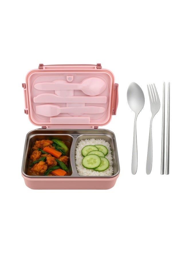 CRAVISTA Stainless Steel Lunch Box for Kids, Adults – Leakproof Bento Lunch Box with Steel Cutlery | Insulated BPA Free Lunchbox with Partition, 1200ml Kids Bento Box for School, Office (Pink) - Image 2