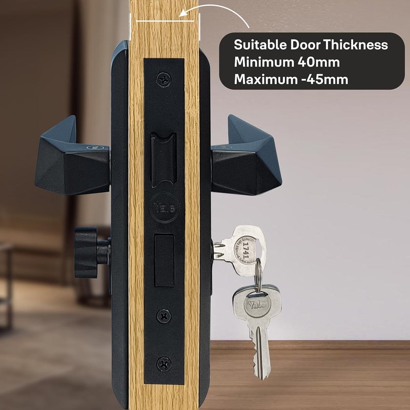 Yale Mortise Door Lock Handle Set Premium Door Locks for Main Door with 3 Keys | Door Handle Lock for Home/Bedroom/Office Suitable for Left & Right Handed Doors - Fits 30-40mm Doors (Matt Black) - Image 2