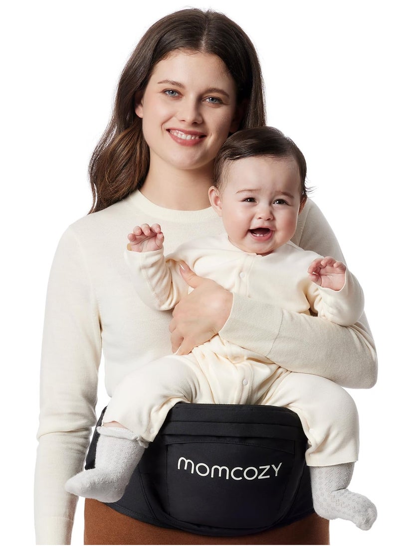 Momcozy حاملة الأطفال بمقعد الورك - حزام خصر قابل للتعديل مع واقي البطن الأصلي ثلاثي الأبعاد، حامل مريح مع جيوب مختلفة لحديثي الولادة والأطفال الصغار حتى وزن 45 رطلاً  - Image 1