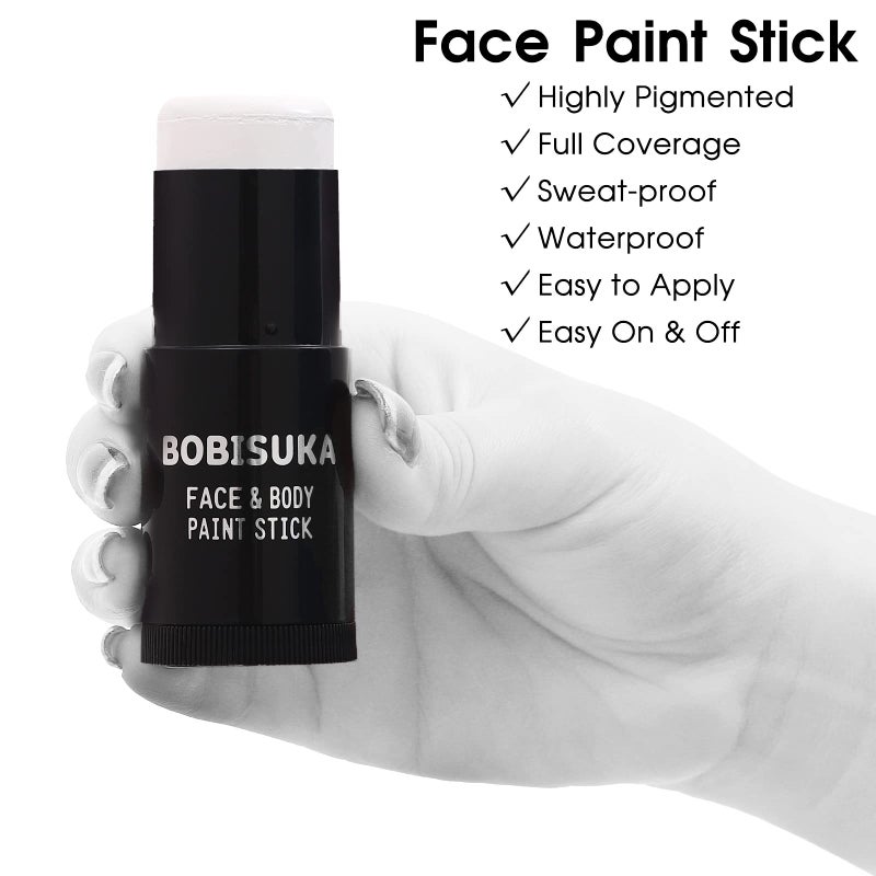 BOBISUKA Face Body White Paint Stick, Clown Makeup Eye Black Sticks for Sports, White Foundation Face Painting Kit for Halloween Skeleton Vampire Mime Skull Joker Special Effects Cosplay SFX Costume - Image 2
