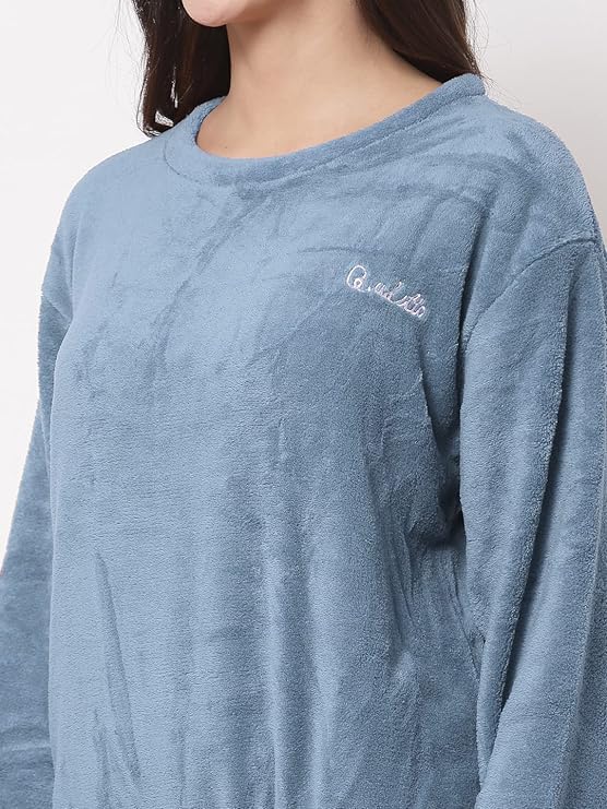 Ukal Combo Pack of 2 Women Winter Nightsuit Ladies Fur Nightwear Warm Night Suit Girls Pyjama Women's Top Pajama Pants Regular Fit Pyjama Set (L, Blue_Brown) - Image 4