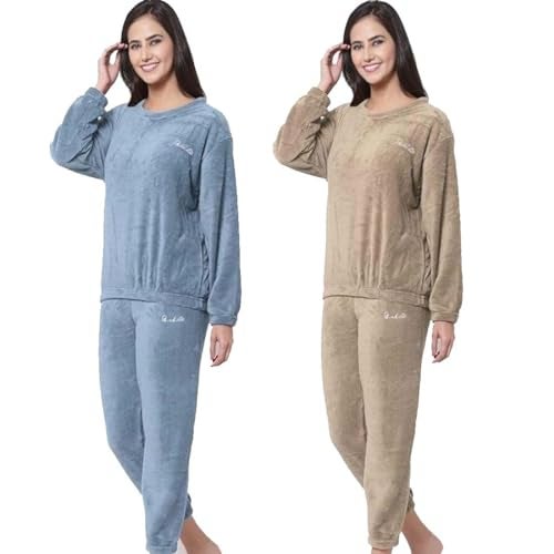 Ukal Combo Pack of 2 Women Winter Nightsuit Ladies Fur Nightwear Warm Night Suit Girls Pyjama Women's Top Pajama Pants Regular Fit Pyjama Set (L, Blue_Brown) - Image 1