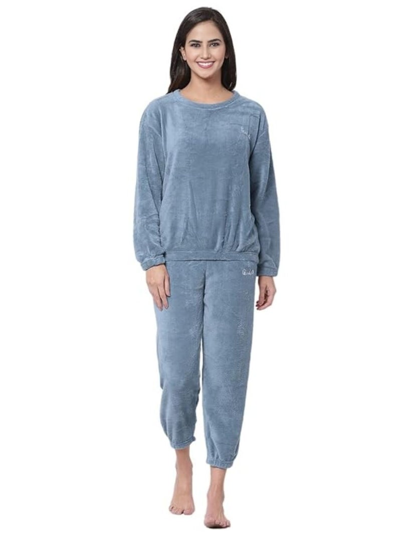 Ukal Combo Pack of 2 Women Winter Nightsuit Ladies Fur Nightwear Warm Night Suit Girls Pyjama Women's Top Pajama Pants Regular Fit Pyjama Set (L, Blue_Brown) - Image 2