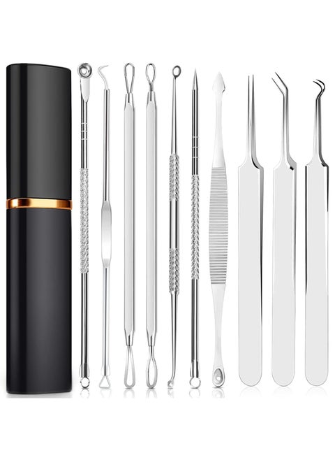 Pimple Popper Tool Kit, 10Pcs Blackhead Remover Comedone Extractor Tweezers Tool Kit with Metal Case for Quick and Easy Removal of Pimples, Blackheads, Zit Removing, Forehead, Facial and Nose Silver