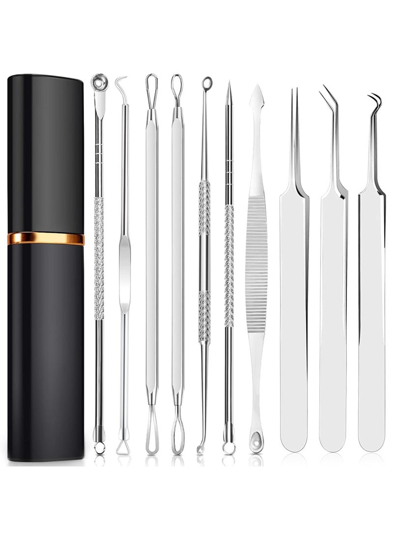 Pimple Popper Tool Kit, 10Pcs Blackhead Remover Comedone Extractor Tweezers Tool Kit with Metal Case for Quick and Easy Removal of Pimples, Blackheads, Zit Removing, Forehead, Facial and Nose Silver