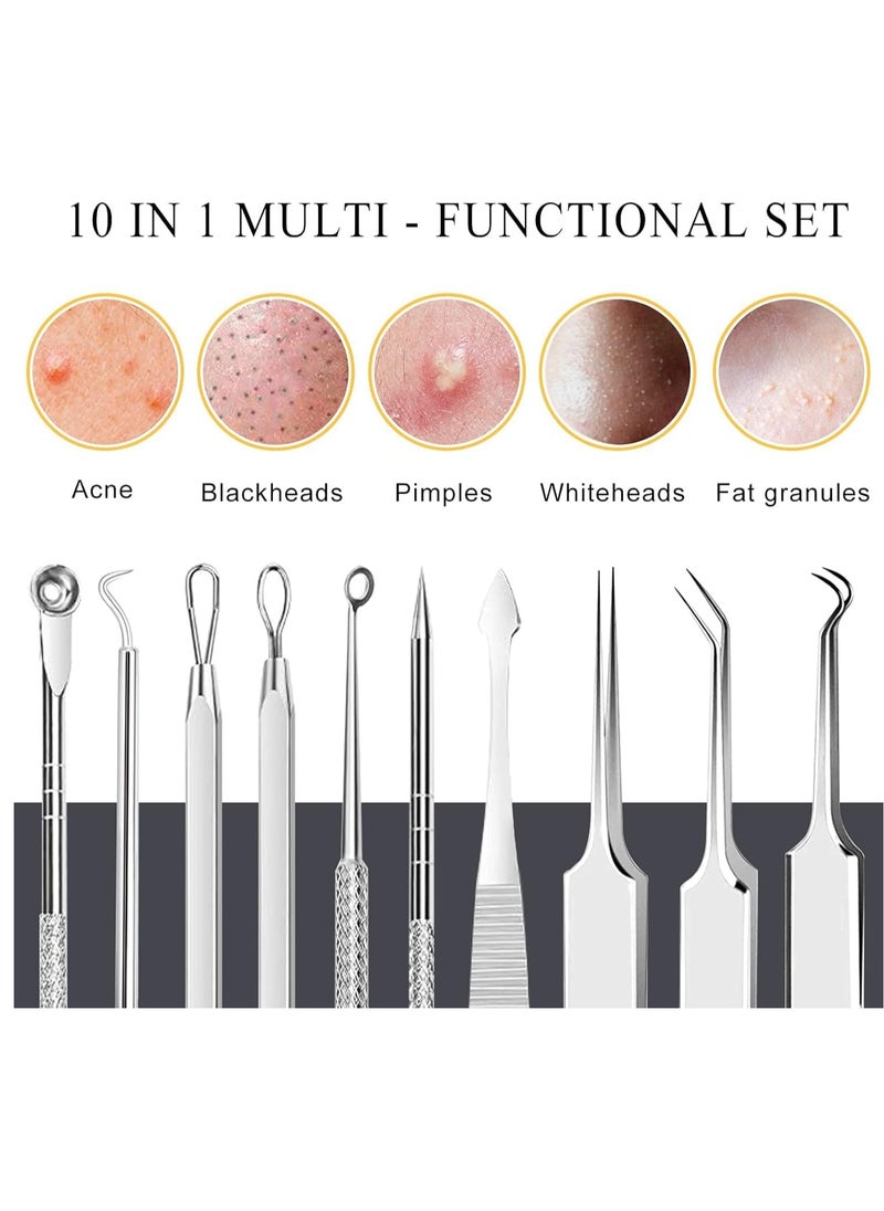 Pimple Popper Tool Kit, 10Pcs Blackhead Remover Comedone Extractor Tweezers Tool Kit with Metal Case for Quick and Easy Removal of Pimples, Blackheads, Zit Removing, Forehead, Facial and Nose Silver