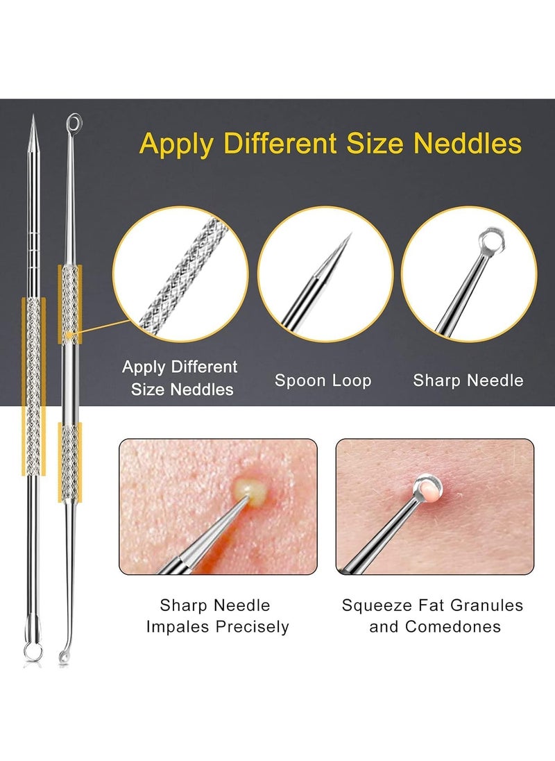 Pimple Popper Tool Kit, 10Pcs Blackhead Remover Comedone Extractor Tweezers Tool Kit with Metal Case for Quick and Easy Removal of Pimples, Blackheads, Zit Removing, Forehead, Facial and Nose Silver